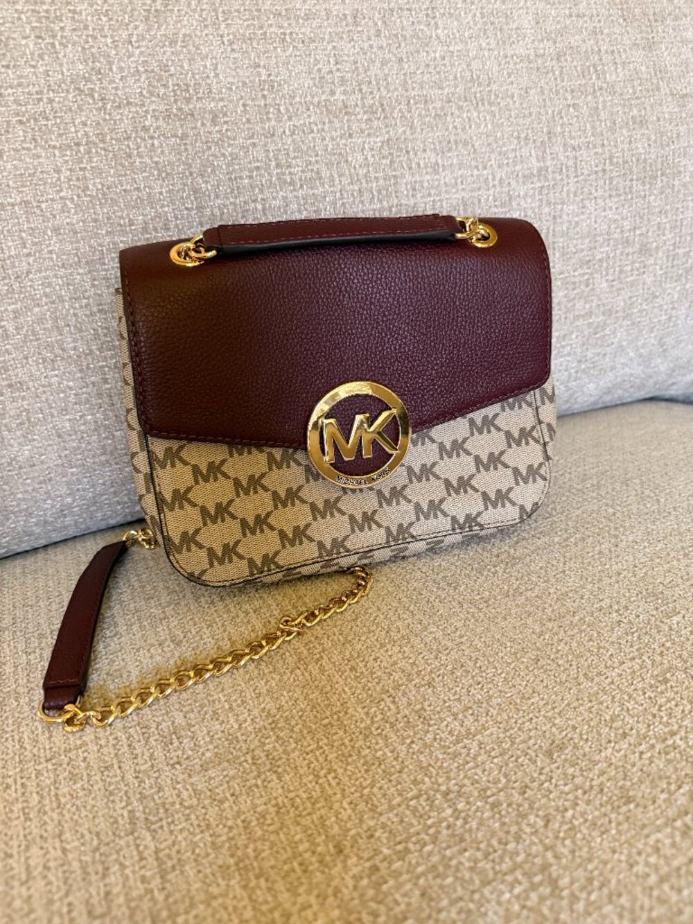 Michael Kors Signature Logo Brown and Burgundy Crossbody Bag with Gold Hardware